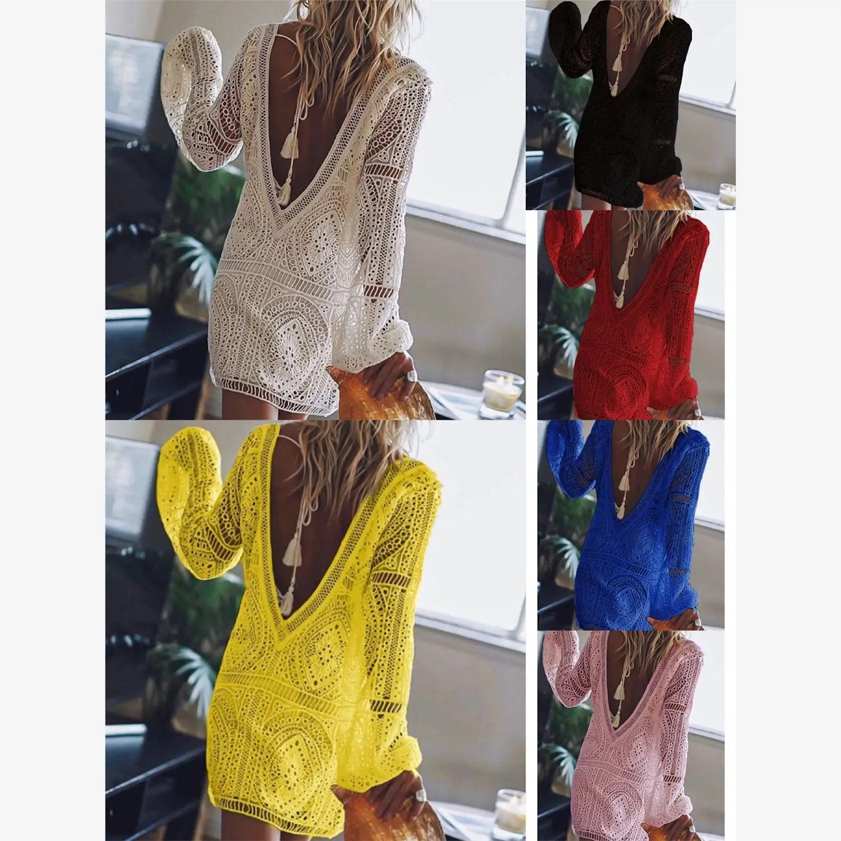 

Свободная кружевная пляжная накидка Long Sve Deep V Ne Bal ort Dr. Женская трикотажная одежда, осень 2024. Другой материал.