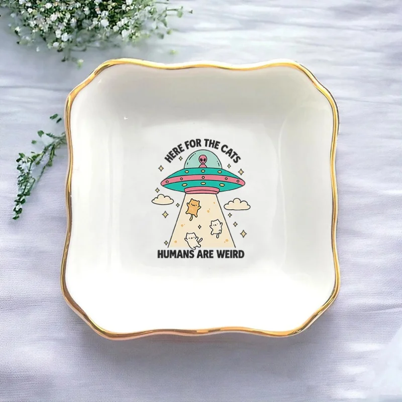 1pc Funny Cat Patterns Wedding Ring Dish Bridesmaid Gift for Women Trinket Tray Keepsake Plate Jewelry Dish Engagement Ring Hold