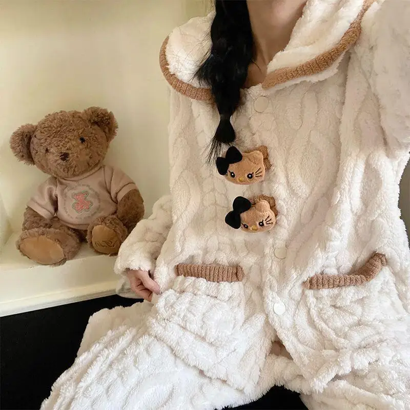 Sanrio hello kitty coral velo pijamas para mulheres bonito dos desenhos animados flanela grossa quente manga comprida casa terno conjunto outono inverno