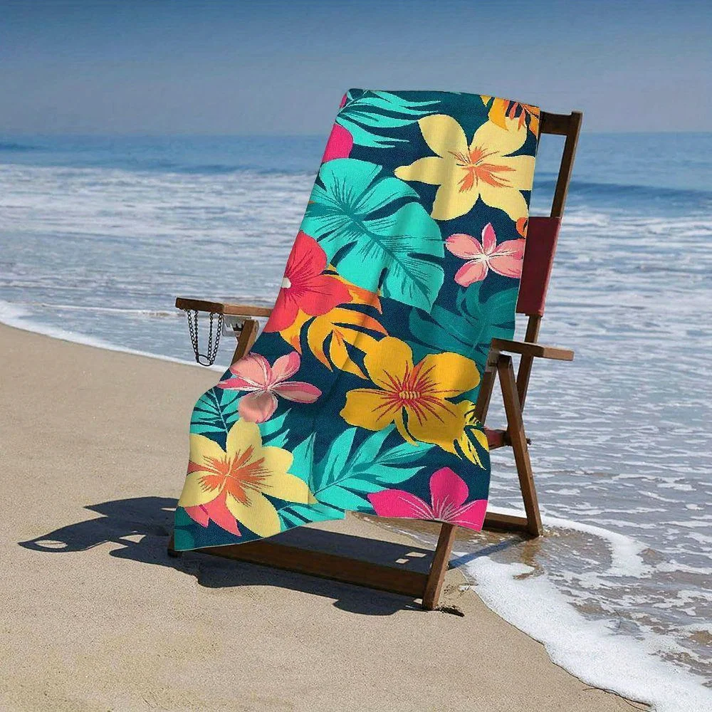 Tropical Floral Beach Towel, Vibrant Hibiscus & Monstera Leaf Print Oversized Bath Towel, Soft Quick Dry Summer Beach Blanket