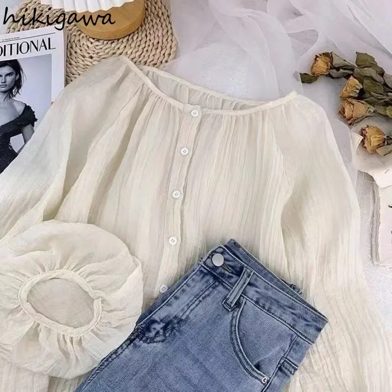 2024 Blusas Mujer De Moda Summer Blouses Women Folds Lantern Sleeve Vintage Shirts Single Breasted See Through Oversized Tops