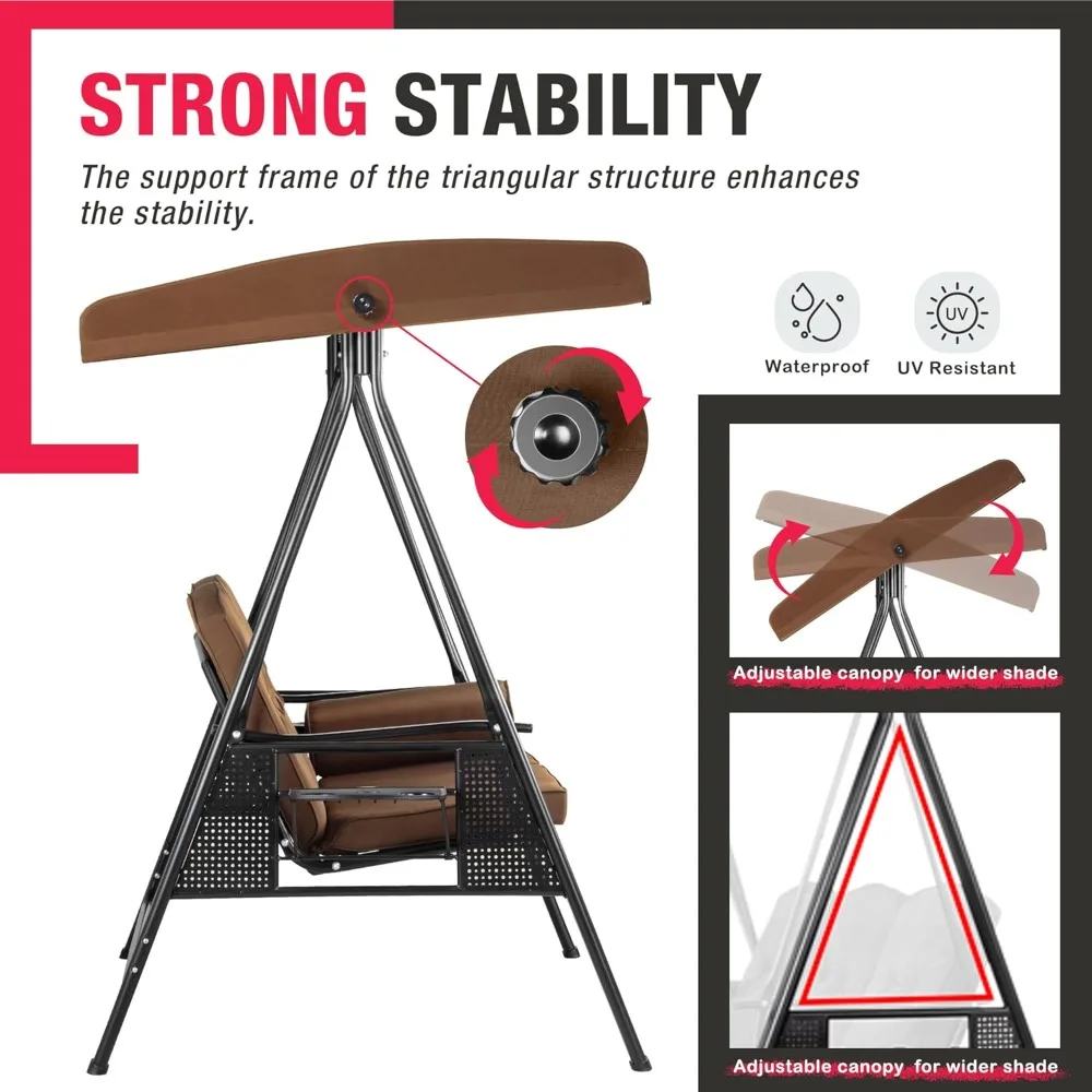 3인용 포치 스윙, 전천후 강철 프레임, 조절 가능한 캐노피 스윙 의자, 탈부착 가능한 쿠션 및 베개 해먹