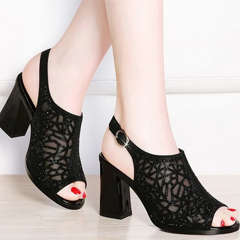 

Women's Sandals 2023 Summer New Sexy Hollow Out Sandals Women's Thick Heel Fish Mouth Shoes Mesh Button Women's Shoes