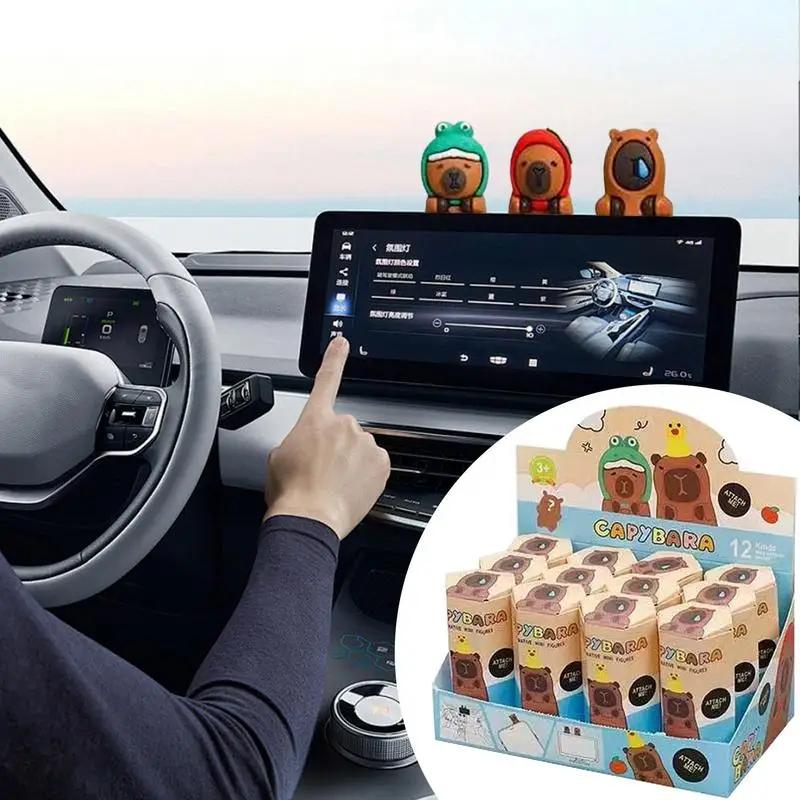 Capybara Car Screen Figurine 12X Laptops Ornaments Capybara Dashboard Figurine Cute Car Interior Accessory For Laptops Decor