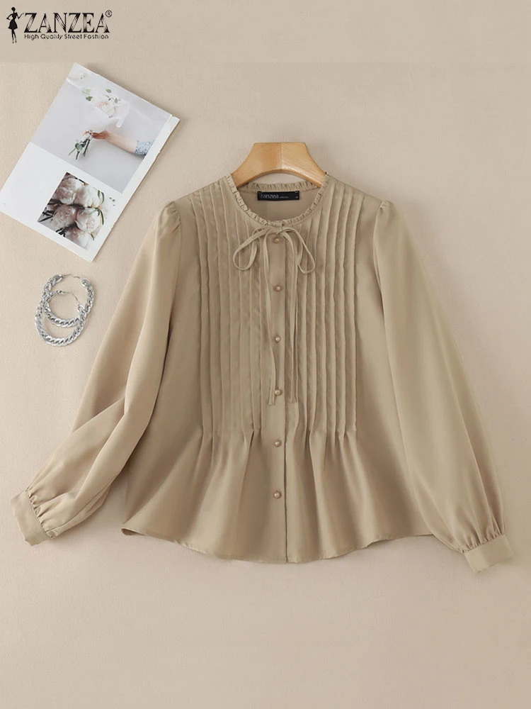 

ZANZEA Autumn Elegant Long Lantern Sleeve Work Shirts Women Solid Pleated Blouse Casual O-Neck Lace-Up Holiday Tops Loose Blusas