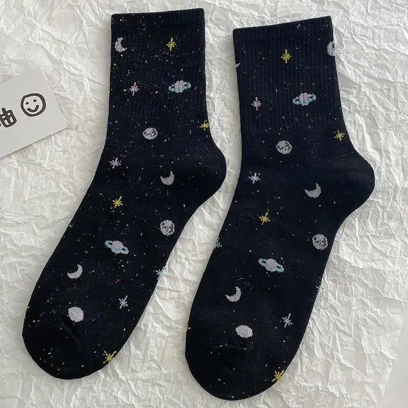 Meias planeta lua e estrelas para mulheres, Harajuku meninas, tubo espacial, longa, colorida, fofa, casual, streetwear, 3, 1 pares