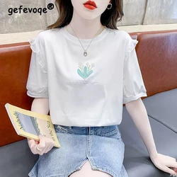 Women Trendy Ruffle Printed Sweet Kawaii Chic Cotton All Match T Shirt Summer Casual Streetwear Short Sleeve Y2K Tops Camisetas