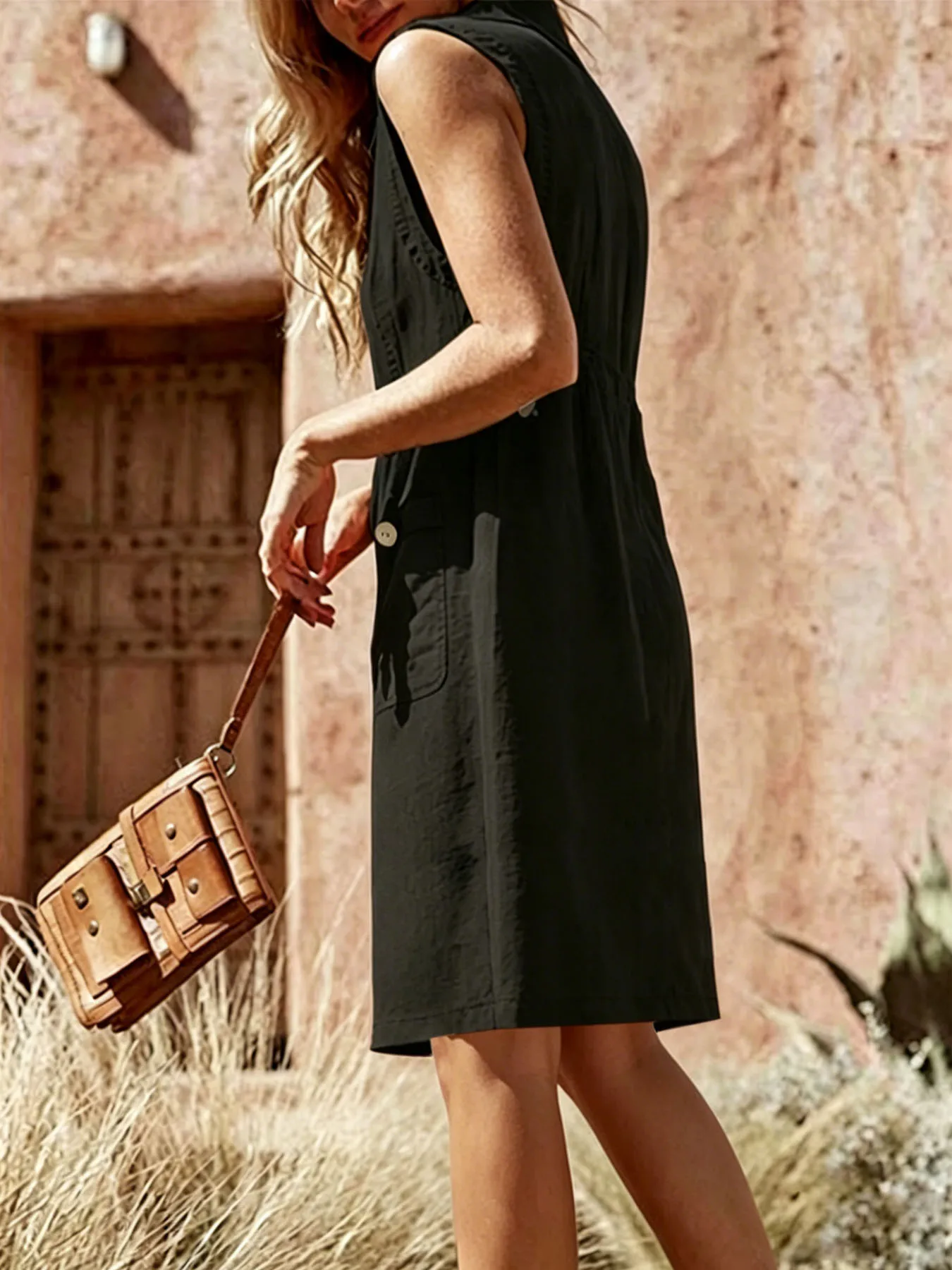 Damenkleid Sommer Neue Mode V-Ausschnitt Einreihiges Kleid mit Schnallenverschluss und Taschen-Design – Detail 5
