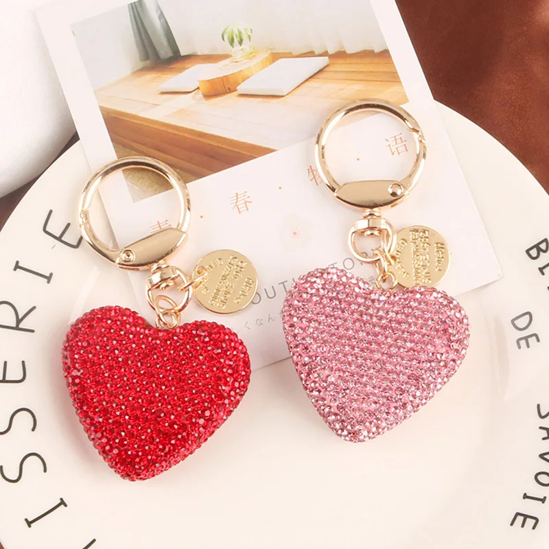 Rhinestone Keychain Heart Key Chains Peach Heart Car Keychain Women Handbag Bag Pendant Metal Crystal Keyring Gift