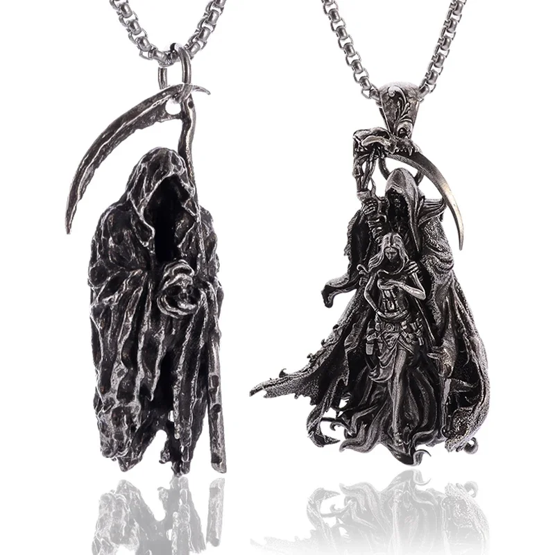 Vintage Gothic Hell Reaper Scythe Pendant Mystical Demon Necklace for Men Personality Punk Halloween Trend Jewelry