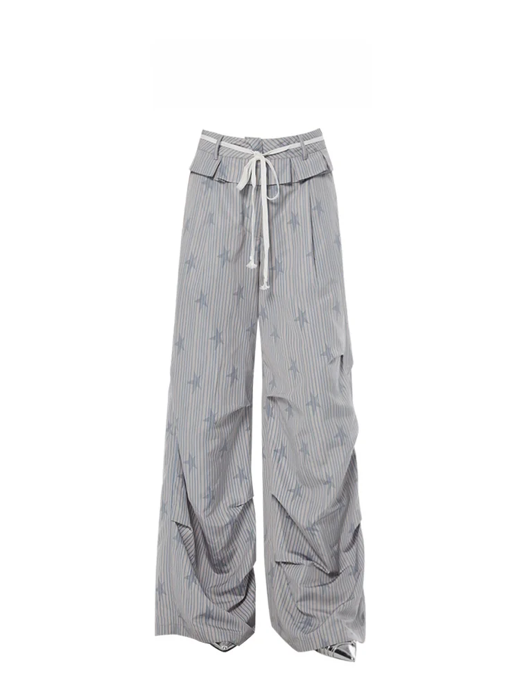 

Retro American Striped Star Qui Dry Casual Pants Women Autumn Loose Slimming Floor-Length Paratrooper Pants High Waist Wide...