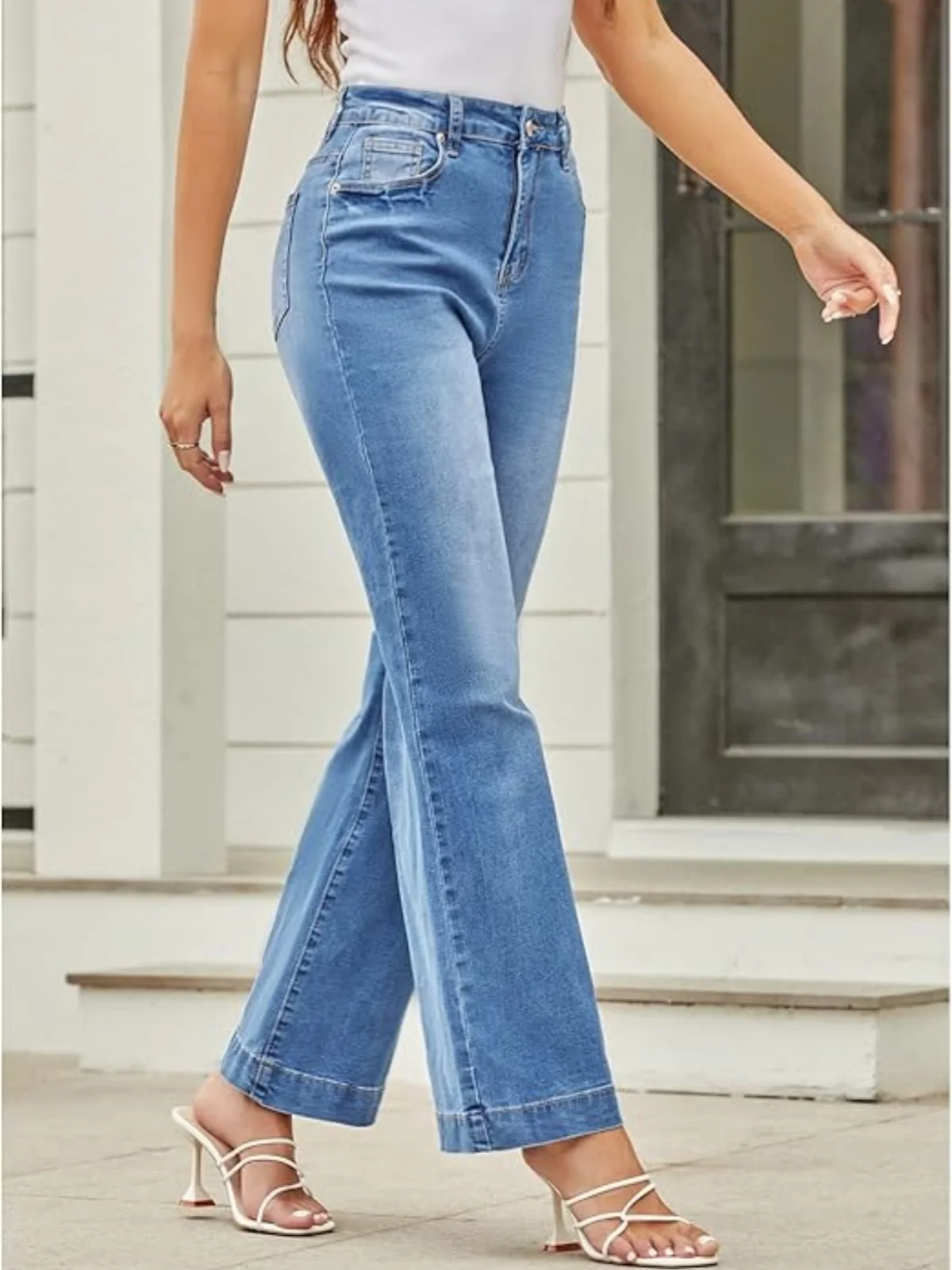 Vintage Pockets Flare Jeans Women High Waisted Wide Leg Baggy Stretch Denim Pants Y2k Long Trousers Fashion Trendy Streetwear