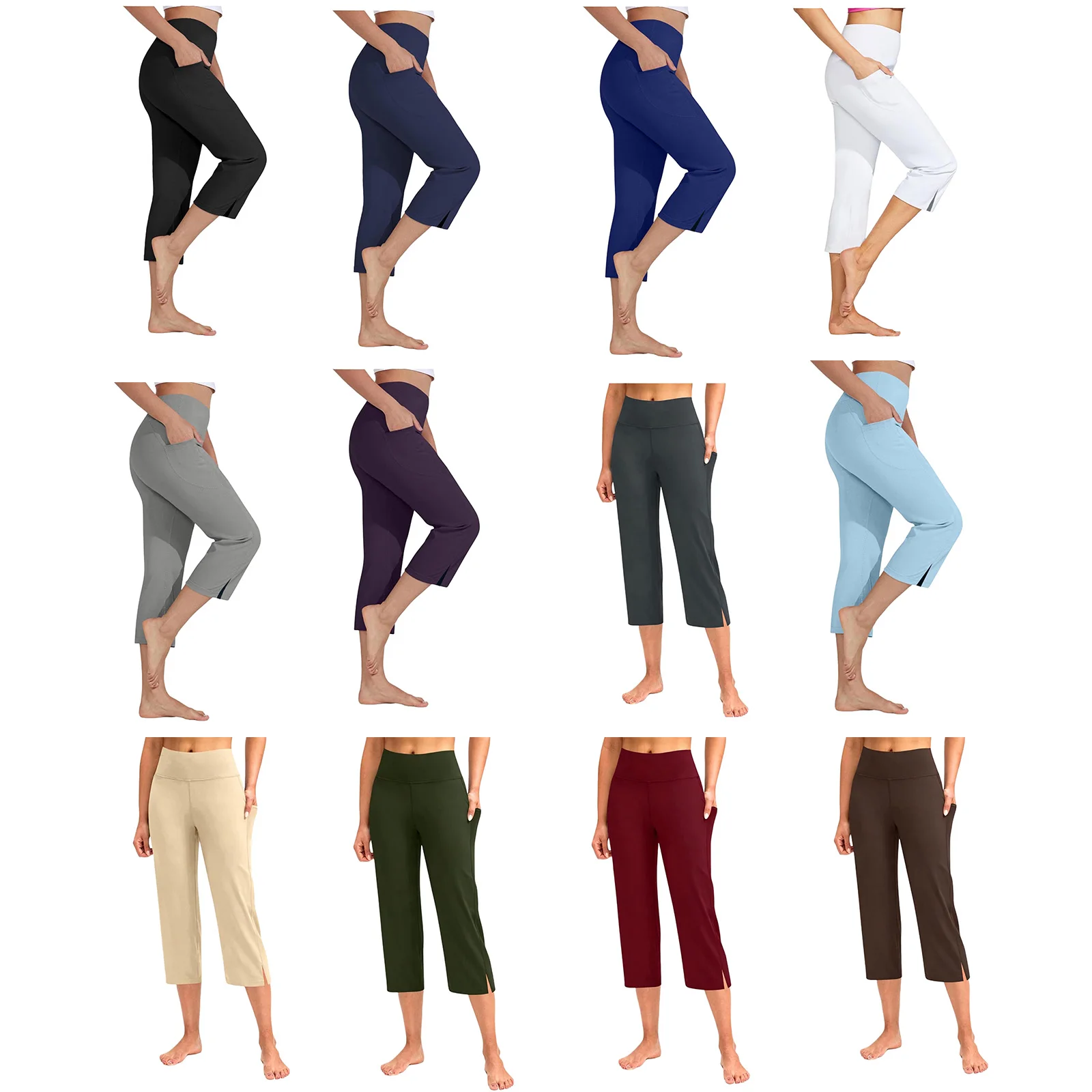 #S-3XL Women High Waist Side Split Cropped Pants with Pockets for Golf Yoga Sports Exercise Running