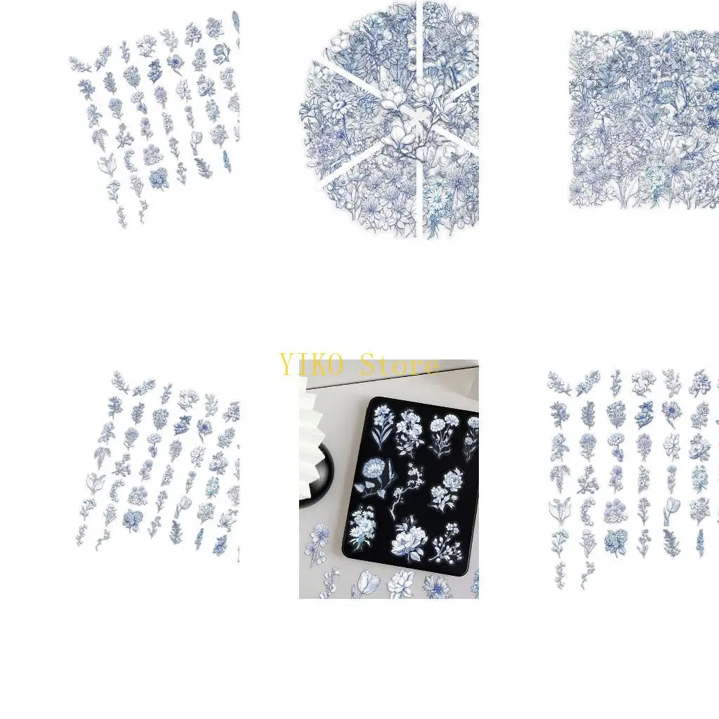 K32C Blue White Journal and Device Styling Set, Flower PET Adhesive Sticker for Laptop Covers, Phone Covers, Cups, Luggage and