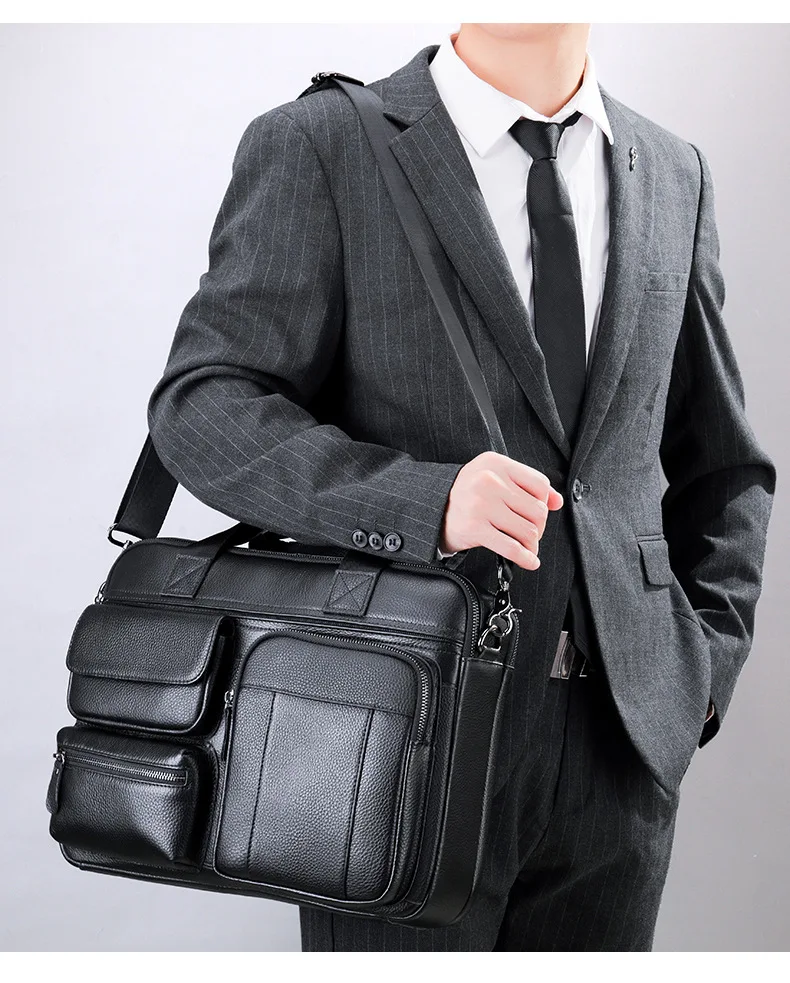 Men's Leather Briefcase Horizontal Large Capacity Business Cowhide Handbag Computer Bag Casual Youth Official Bag