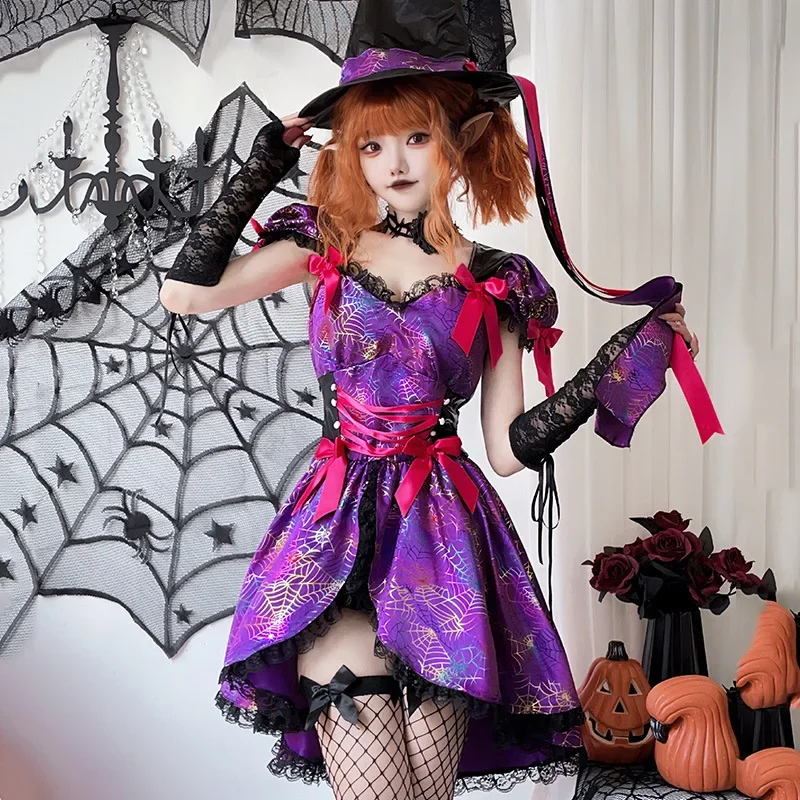 

Women Halloween Costume Spider Devil Purple Lace Sexy Dress Vampire Carnival Party Stage Witch Magic Wizard Cosplay Costume 2025