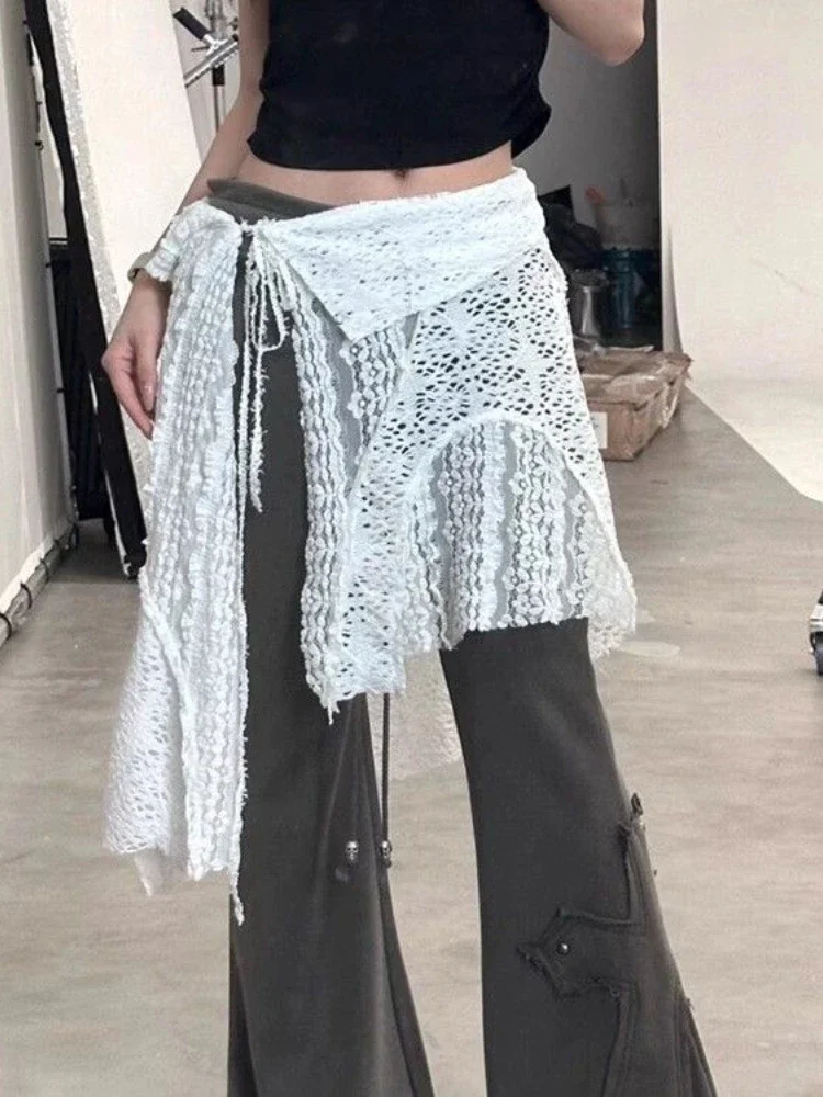 

Summer Hollow Out Sweet Fairy Glitter Women's Skirts Harajuku Lace Split Bandage Skirt Vintage Y2k Aesthetic Casual Mujer Falda