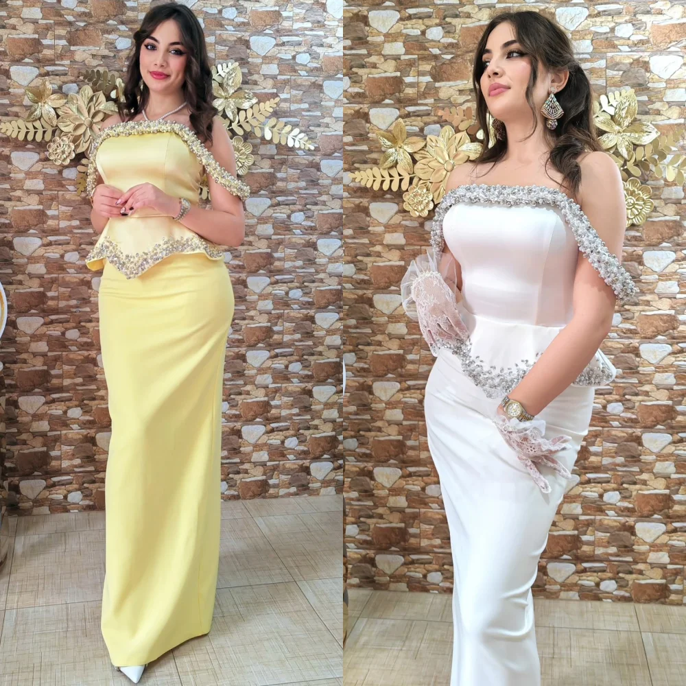 

Customized Fashion Charmeuse Pleat Sequined Pearl Straight Off-the-shoulder Long Dresses Bespoke Occasion Prom Exquisite