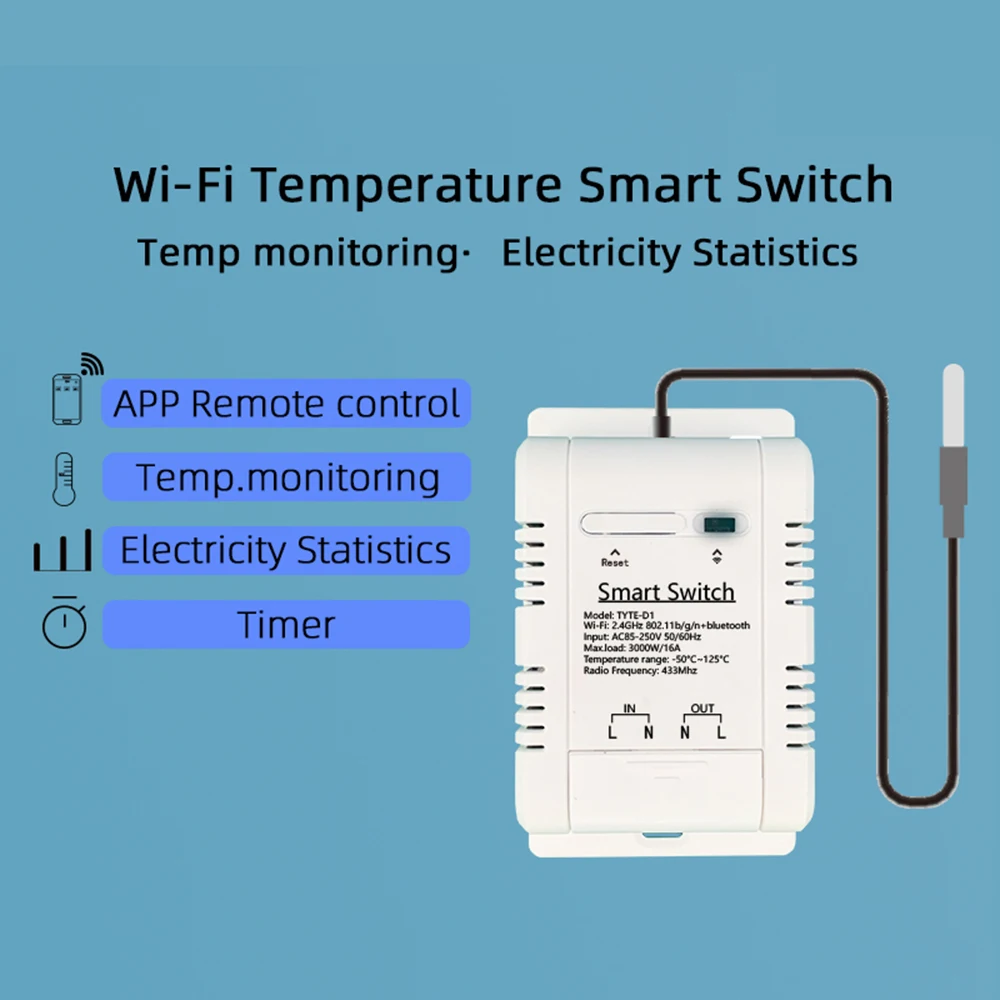 Tuya TH-16 Smart Wifi Switch 16A/3000W Monitoring Temperature Sensor RF433 remote Control Compatible with Alexa Google Home