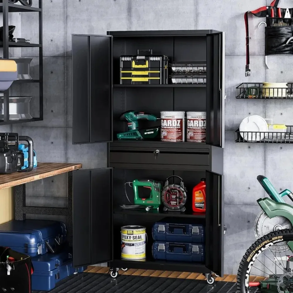 خزائن تخزين جراج معدنية مع درج، خزانة تخزين أدوات 4 أبواب مع رفين قابلين للتعديل، (أسود، 4 عجلات - 72 ساعة) جديد