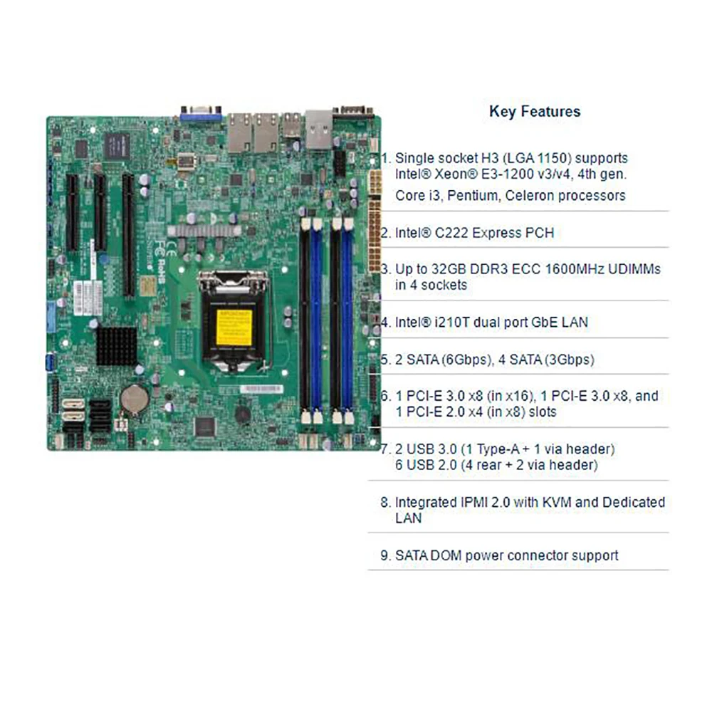 For Supermicro X10SLL+-F M-ATX Single-Way Server Motherboard 1150-pin C222 Chip Supports Remote 1600MHz ECC DDR3