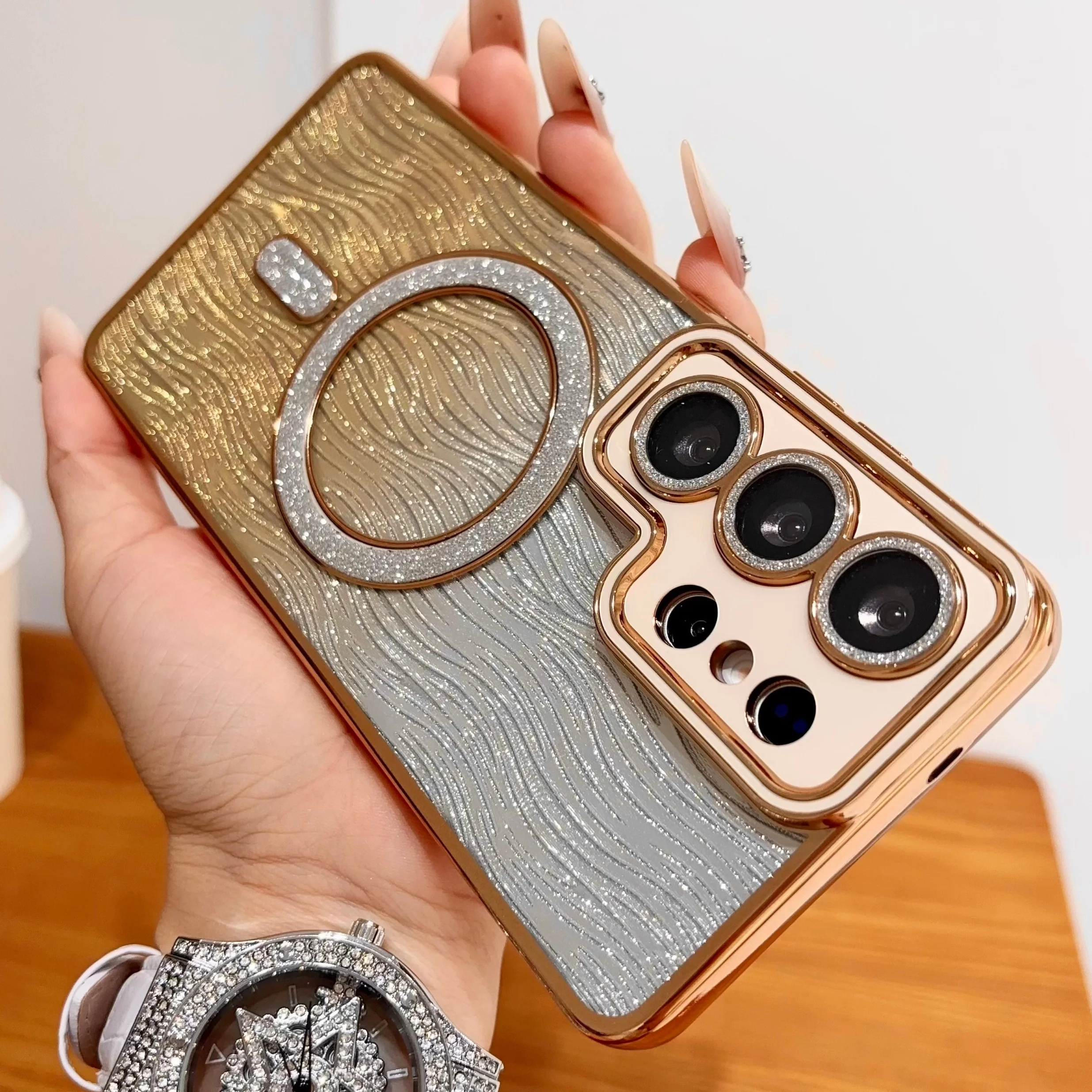 Wireless Charging Magnet Cover For Samsung S26Ultra Water Ripple Glitter Case For Samsung S26 Plus S25Ultra Case With Lens Film