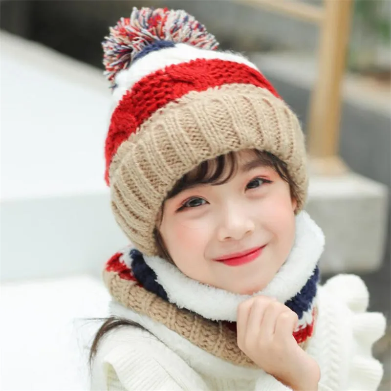 Big Kids Winter Knit Soft Hat and Scarf Set Child Plush Warm Winter Cap Scarves 2024 Girls Patchwork Circular Scarf Hat Frozen