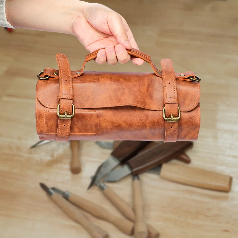Leather Roll Tool Bag 10 Slots Zipper Pocket for Carving Chisels Woodworking Tool Organizer with Strap Portable Storage Pouch