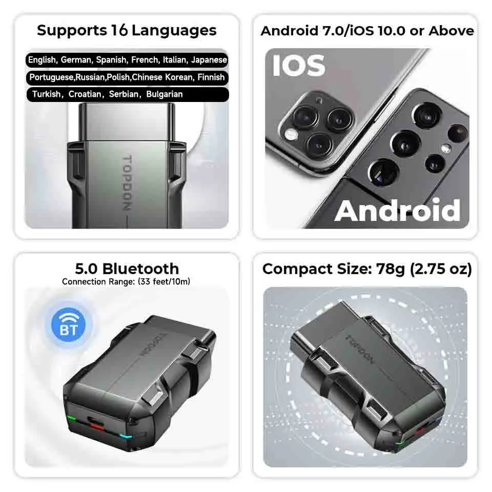 Topdon topcan lite scanner ferramenta de diagnóstico inteligente dtc guia reparo bluetooth obd2 leitor código sistema completo teste ativo