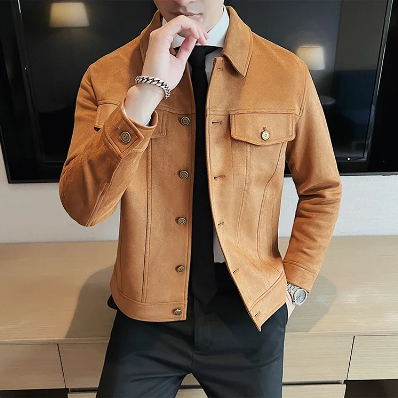 Autumn Winter Men\'s Suede Jacket Thick Casual Business Windproof Jacket Slim Fit Social Streetwear Windbreaker Coat Men Clothing