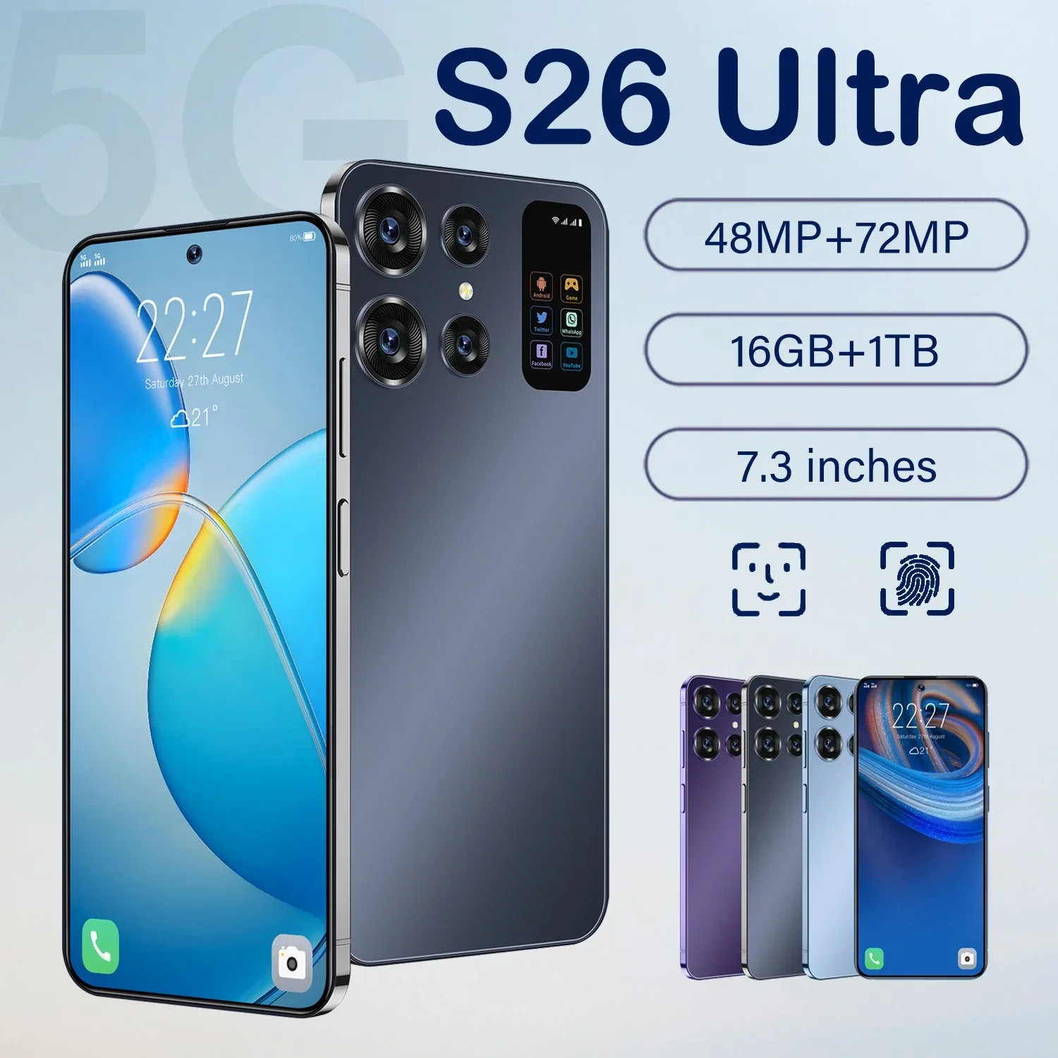 S26 Ultra 5G Smartphone, 16G + 1T, Dual SIM, Android 13, 48MP + 72MP, 7000mAh, Edição Global, Gaming Phone, Novo