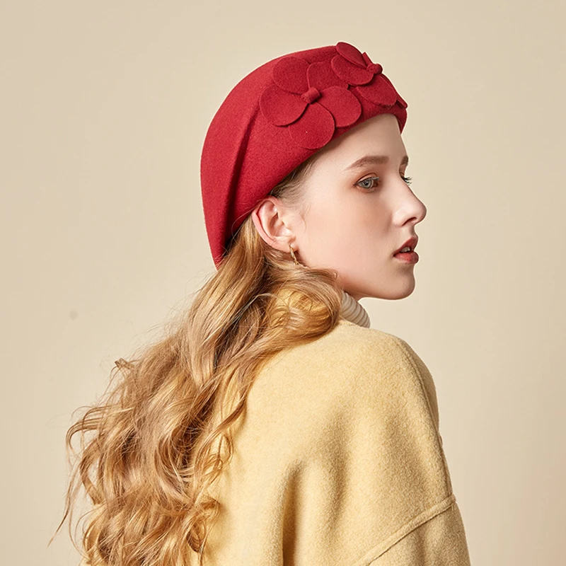 

Autumn and Winter New Women's Wool Dome Fashion Little Top Hat European and American Style Flower Flight Attendant Beret