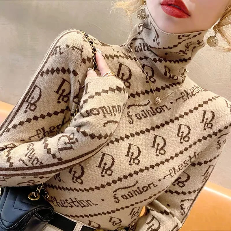 

Women Clothing Elegant Chic Letter Knit Pullovers Autumn Winter Fashion All-match Slim Turtleneck Sweaters Lady Long Sleeve Top