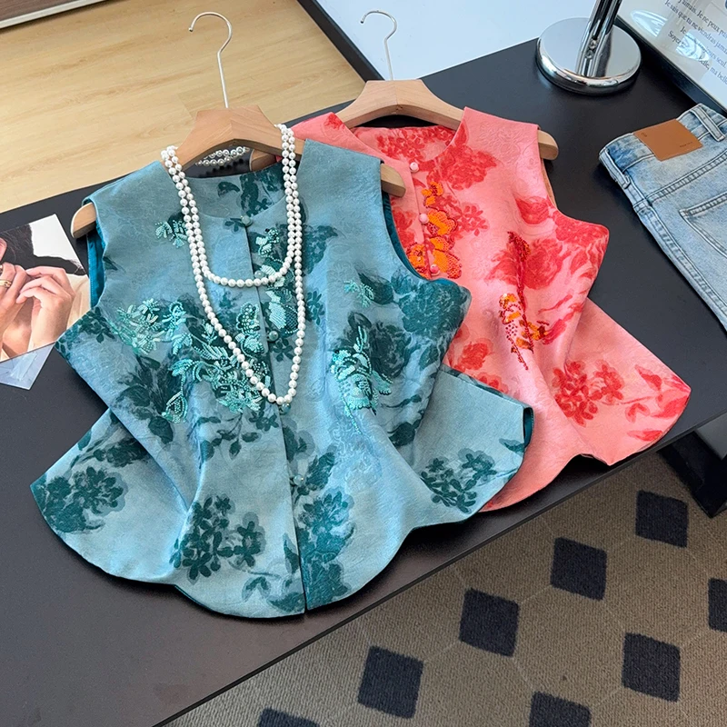 New Chinese Style Tang Suit Hanfu round Neck Embroidered Sequin Floral Pattern Improved Design Short Jacket for Women