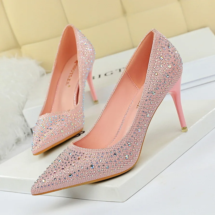 

Fashion Korean Wedding Thin High Heels Shallow Notched Pointed Sexy Banquet Rhinestone Single Shoes Women Pumps туфли женские