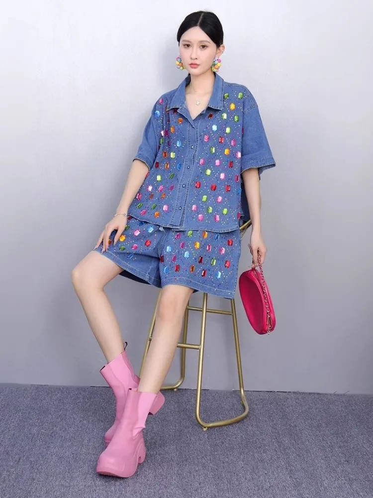 New Designer Summer Casual Loose Fit Short Sleeve Denim Jacket High Waist Wide Leg Shorts Fashion Diamonds Women Two Piece Sets