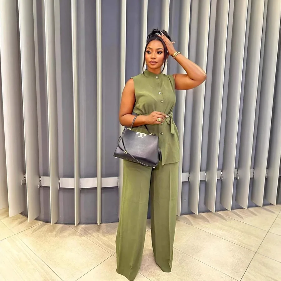 

2025 Summer New Women's Stand Up Collar Buckle Sleeveless Waist Strap Up Shirt Straight Pants Set
