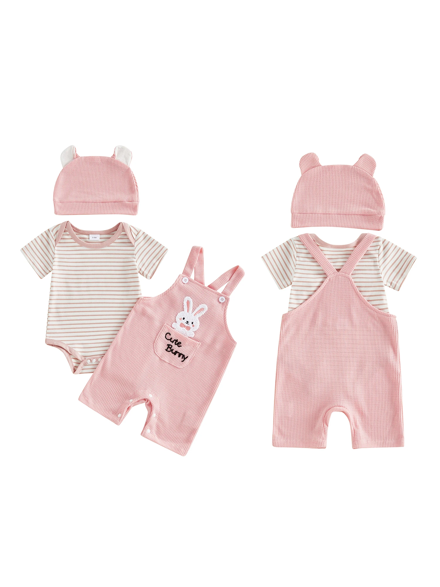 

Adorable Easter Bunny Print Romper with Matching Hat and Carrot Overalls - 3 Piece Set for Baby s Casual Spring Outfit