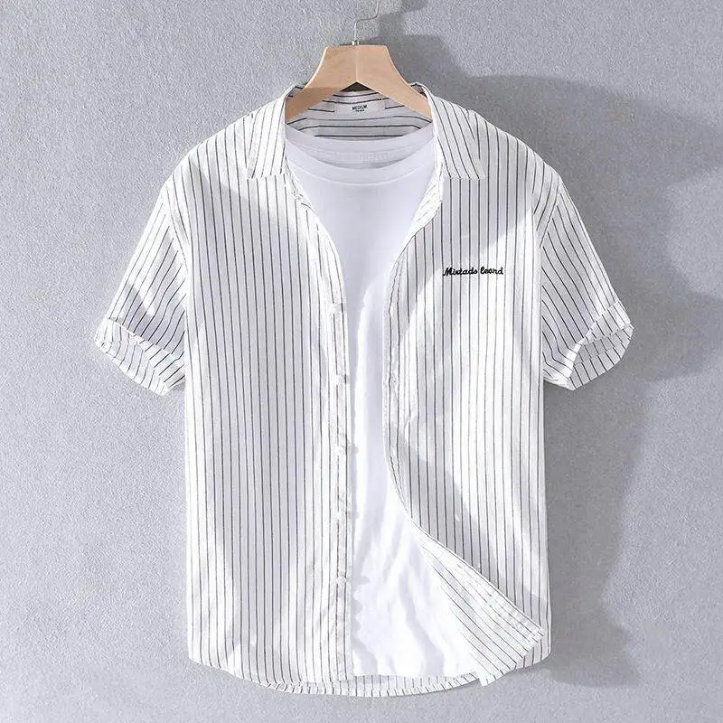 

Ice Silk Men's Short Sleeve Shirt Striped Seven-Part Coat Spring Summer Business Casual Lightweight Cotton Blend Menswear