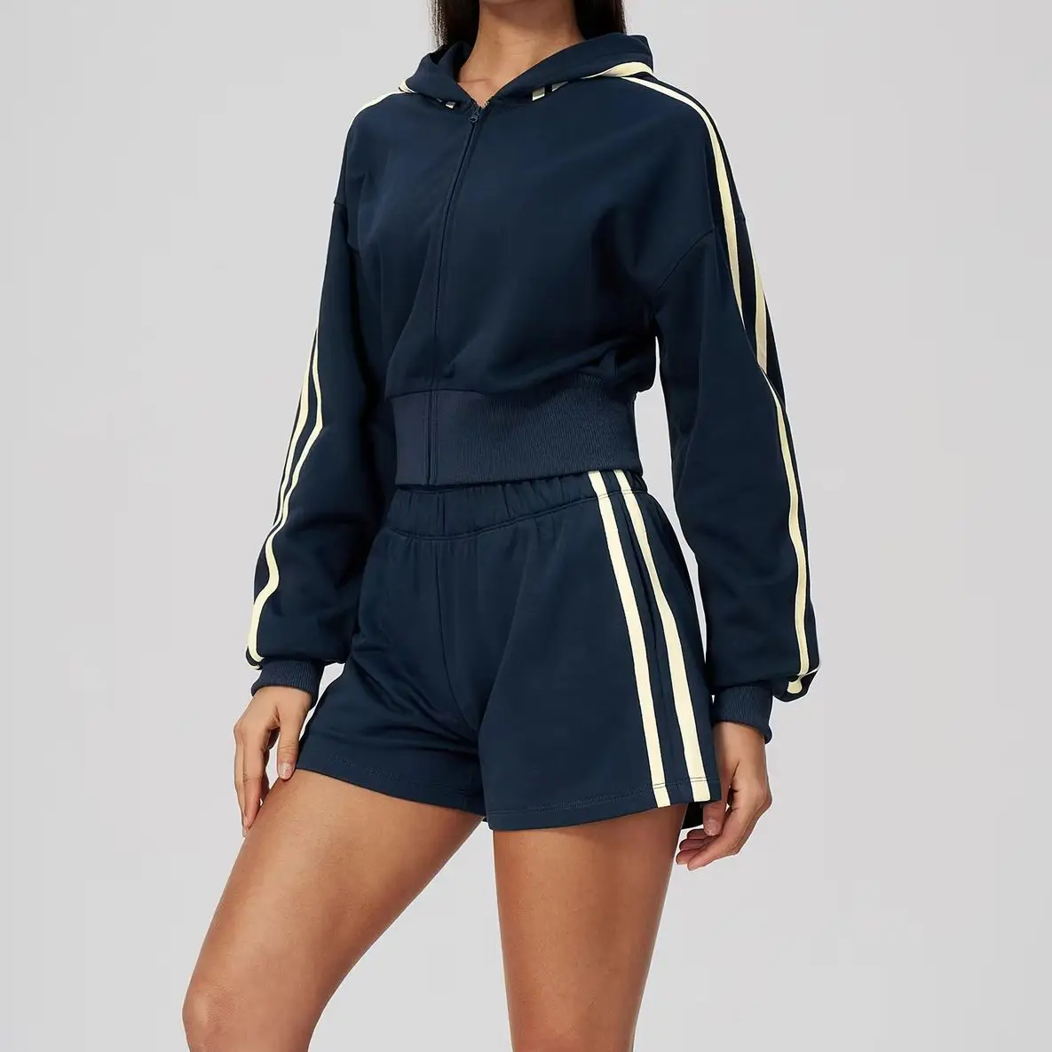 2-piece-set-sports-suit-women's-fashionable-casual-hooded-contrasting-zipper-long-sleeved-sweatshirt-shorts-sets-yoga-sportswear