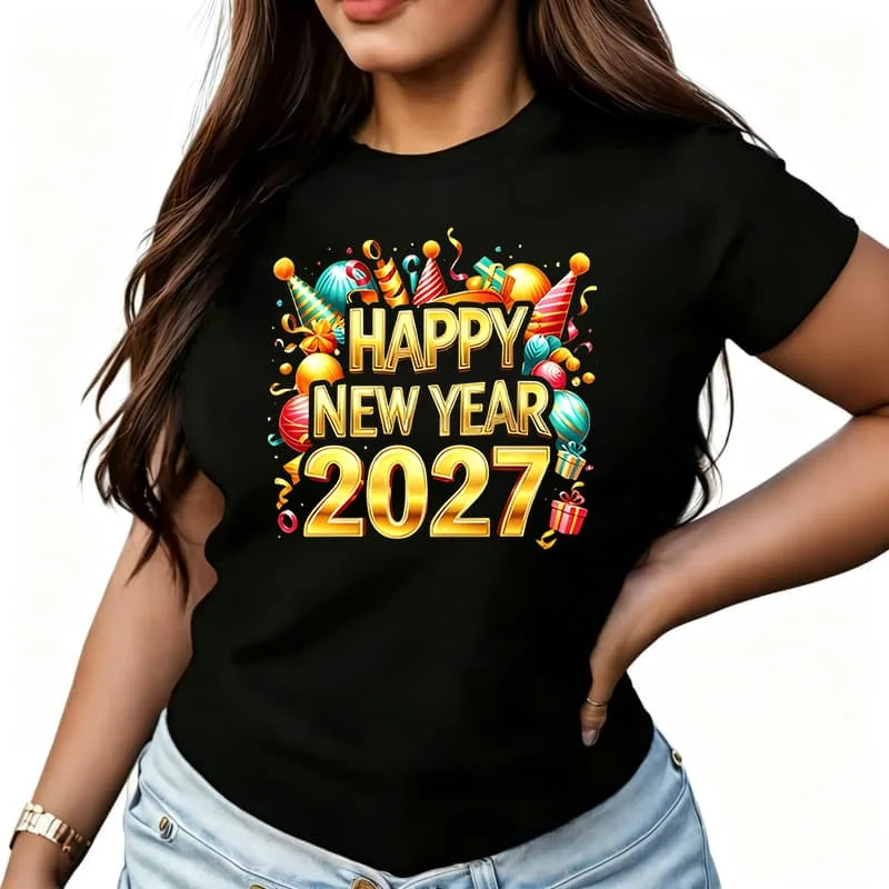 Happy New Year 2027 Graphic Women's T-Shirt 100% Cotton Funny Graphic Short Sleeve Tee Novelty Shirt Casual Crew Neck Top S-5Xl