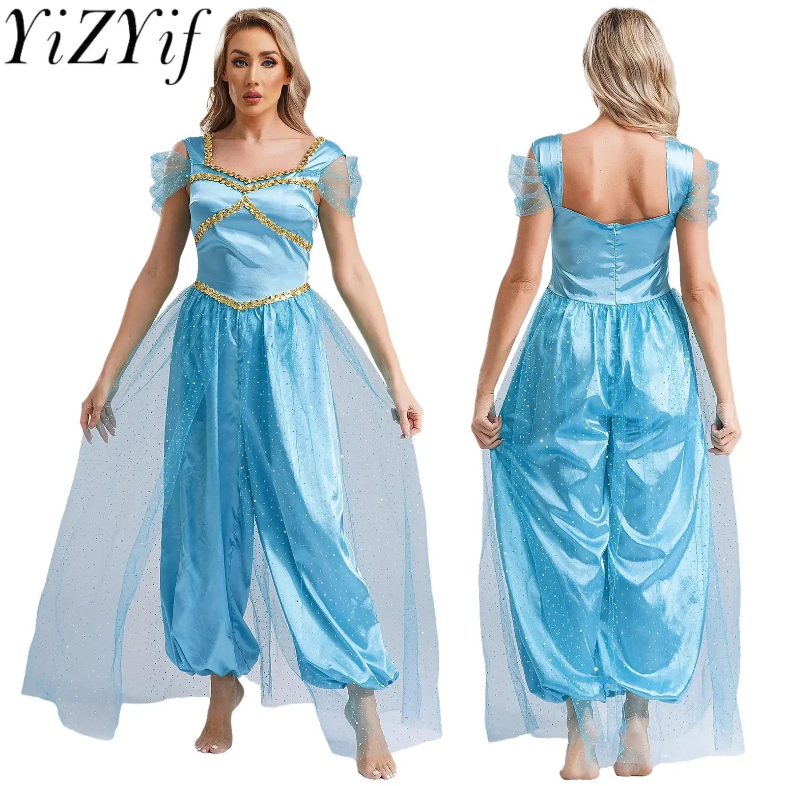 

Women Halloween Arabian Princess Cosplay Costume Sequin Pumpkin Pants with Tulle Overlay Bodysuit Belly Dance Jumpsuit Overlay