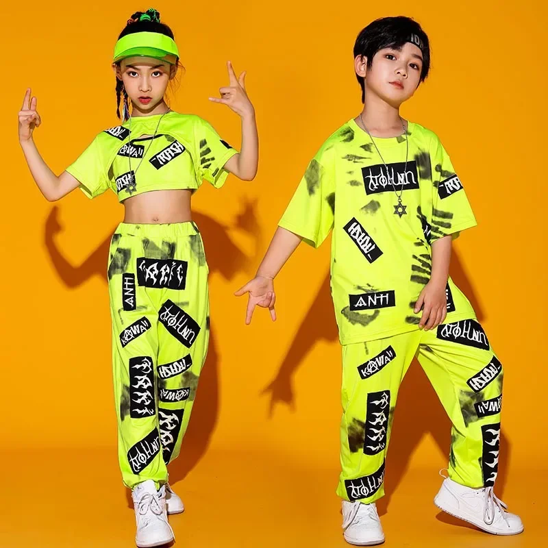 Kid Cool Hip Hop abbigliamento ragazza ragazzo Jazz Dance Costume vestiti verde Crop canotta T Shirt stampa Casual Street Jogger Pants