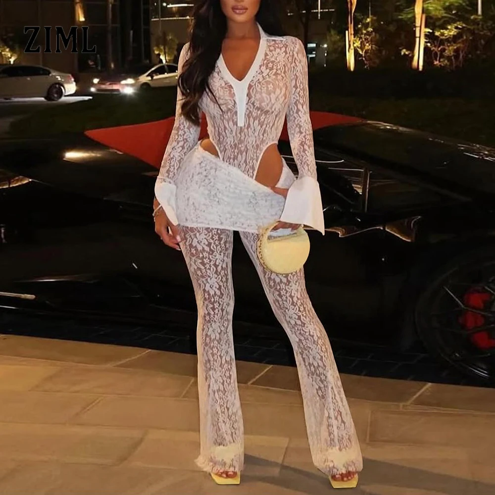 

ZIML Solid Lace Two Piece Sets for Women V Neck Long Sleeve Bodysuit High Waist Slimming Irregular Paants Chic Set Female New