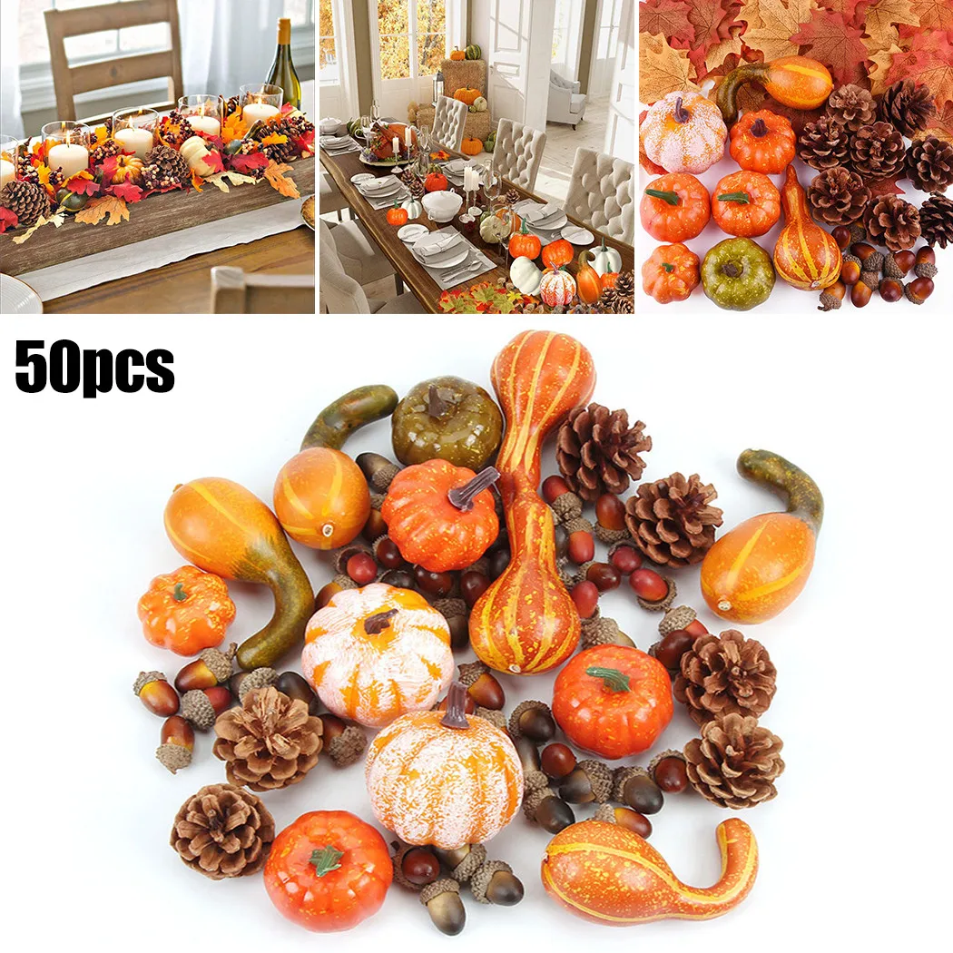 50Pcs Artificial Pumpkin Autumn Winter Fall Wreath Simulate Plastic Fake Fruits Acorns Pine Cones For Home Party DIY Decorations