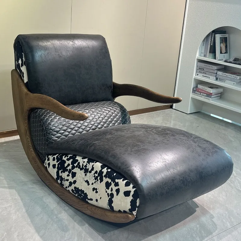

Medieval ash wood solid wood frame lazy sofa household living room rocking chair leather single casual sofa