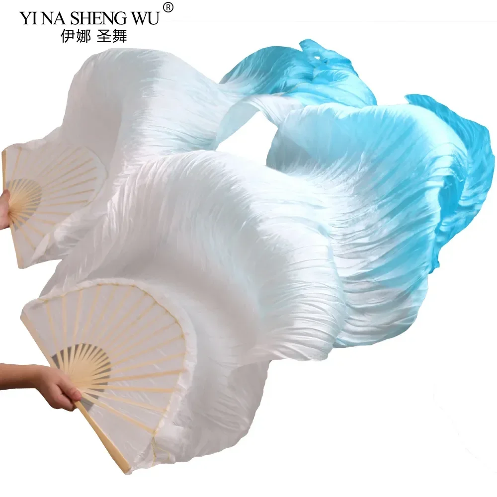 مبيعا 100% مراوح الحرير الحقيقي 1 زوج اليدوية مصبوغ للجنسين جودة الحرير مراوح الرقص الشرقي الرقص الدعائم الأبيض + الفيروز 5 أحجام #4