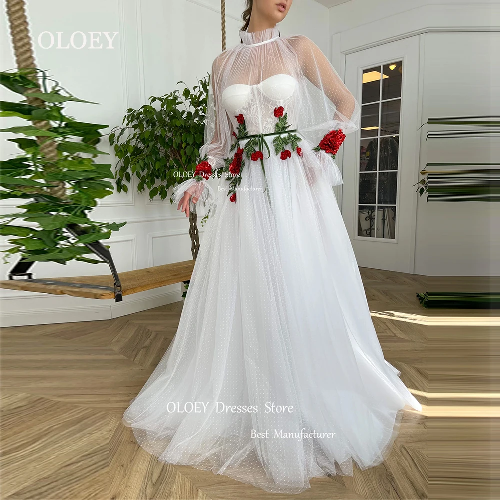 OLOEY Exquisite Beading Flowers Halter Wedding Dresses With Jacket Long Sleeves Floor Length A Line Bridal Gown Robe De Marriage