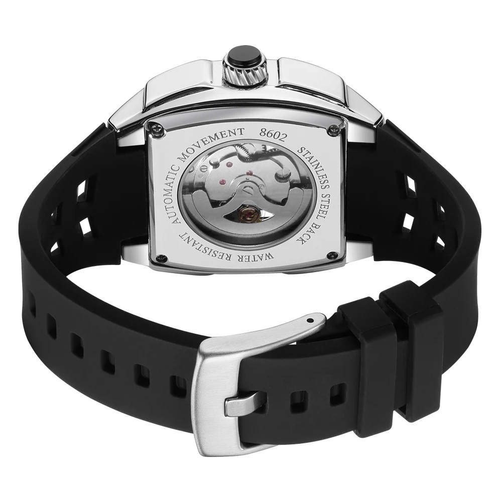 MEGIR Fashion Sport Custodia in lega da uomo Orologio meccanico Cinturino in silicone impermeabile Quadrante a forma di botte Puntatore luminoso Orologi da polso da uomo