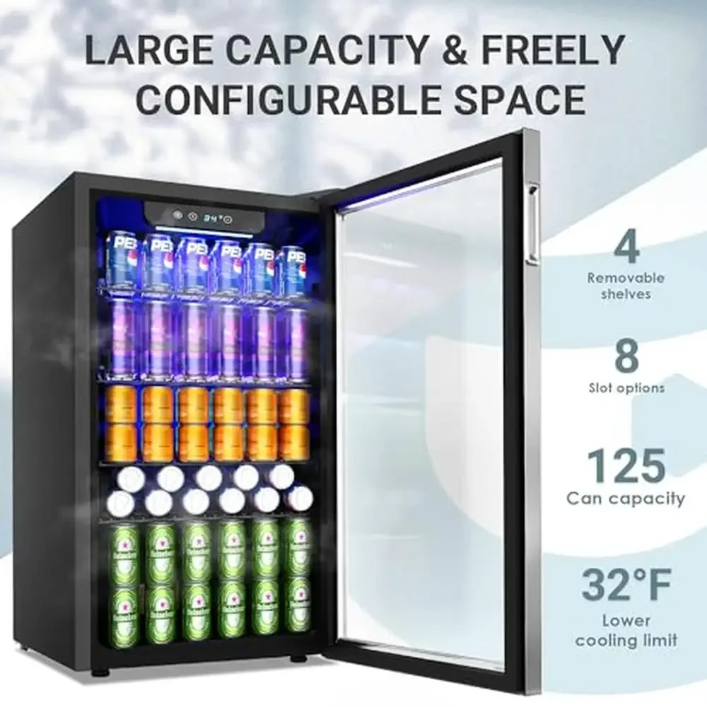 Glass Door Beverage Mini Fridge Cooler with Adjustable Shelves 126 Can Capacity Quiet Advanced Cooling System LED Lighting